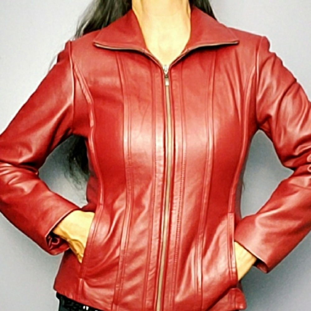 Kenneth Cole Jacket Coat Leather Zip Front Red - Picture 5 of 7